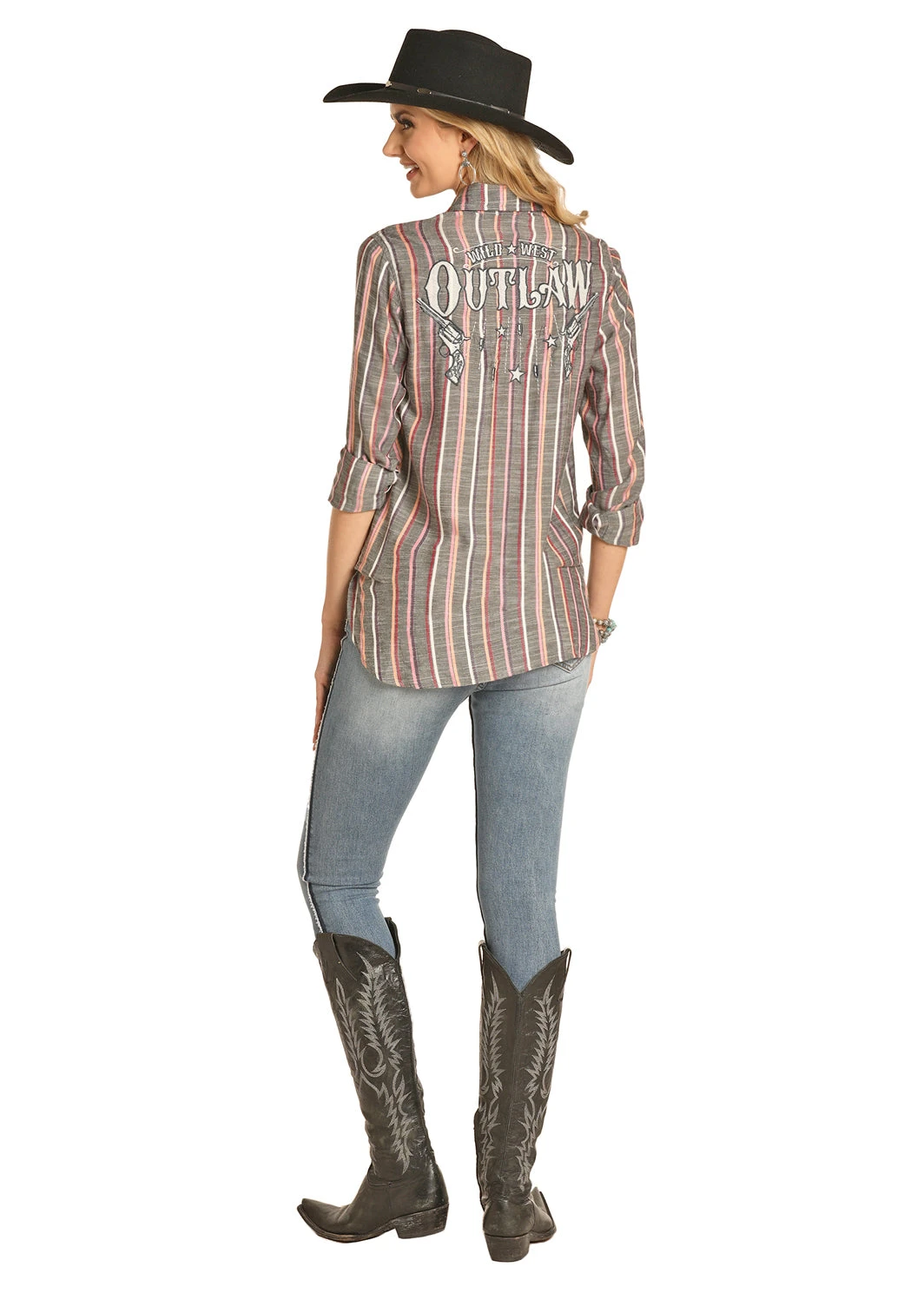 Rock & Roll Cowgirl Ladies Stripe Button Down Long Sleeve Shirt B4B4505 - Image 3
