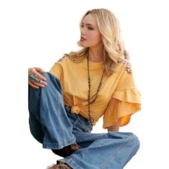 Cruel Denim Ladies Floral Embroidered Yellow Knit Shirt CTK7255002