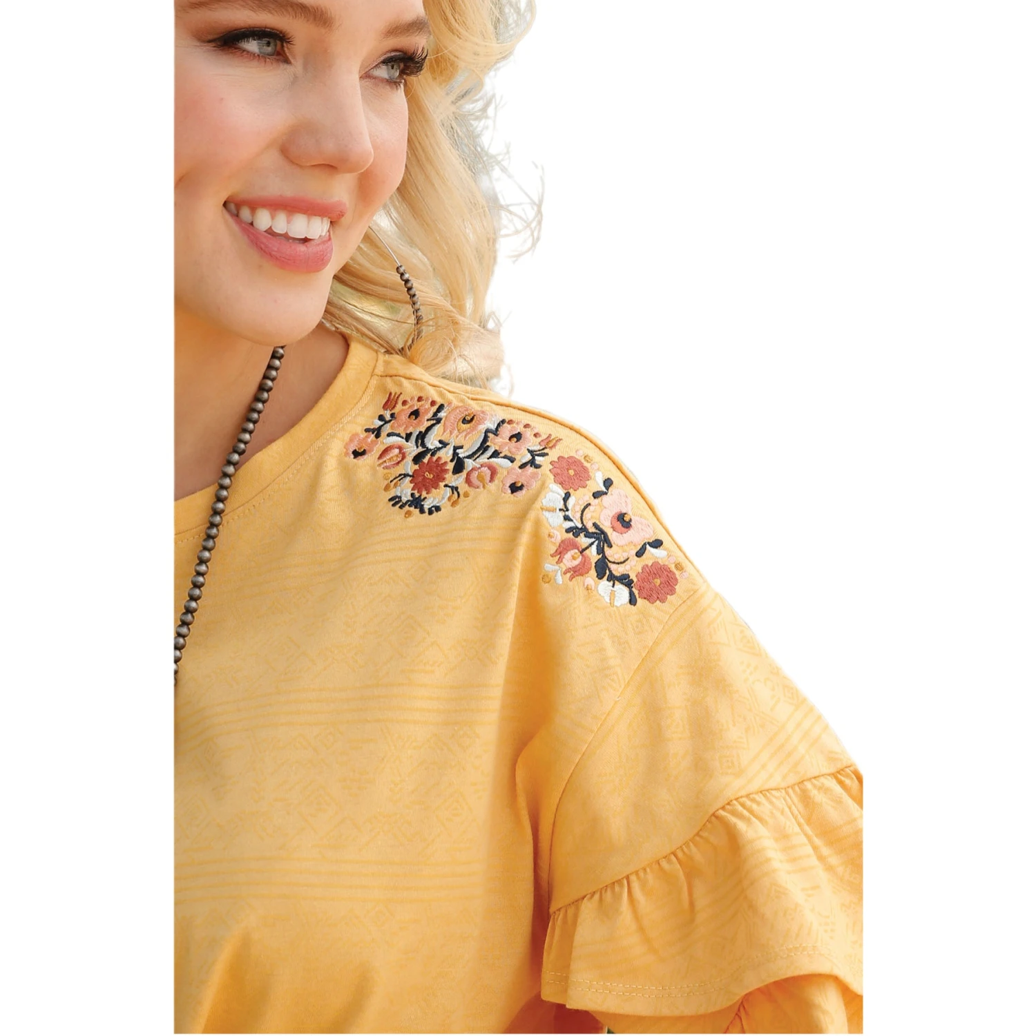 Cruel Denim Ladies Floral Embroidered Yellow Knit Shirt CTK7255002 - Image 2