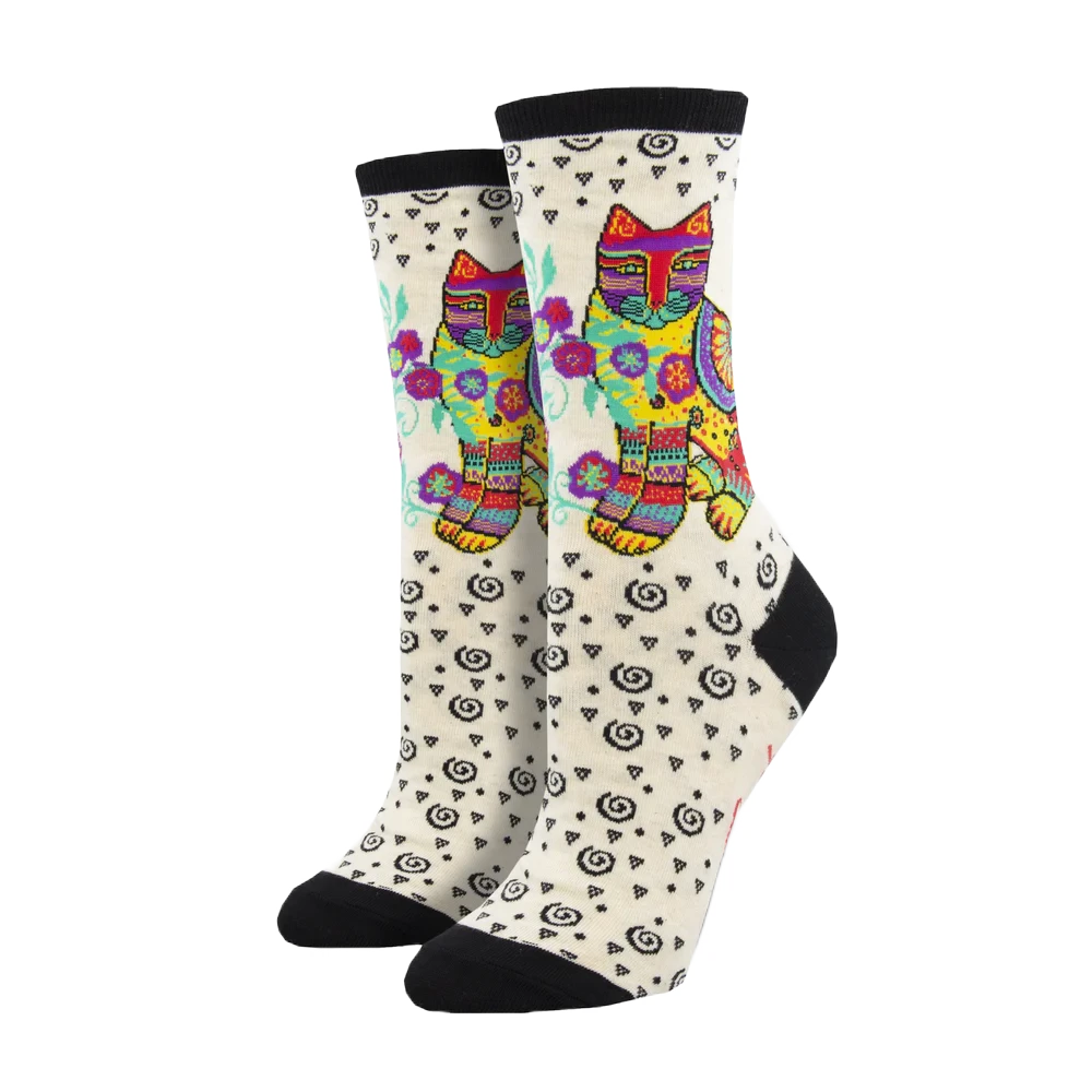 SockSmith Ladies Maya Cat Ivory Heather Crew Socks WNC2639-HIV