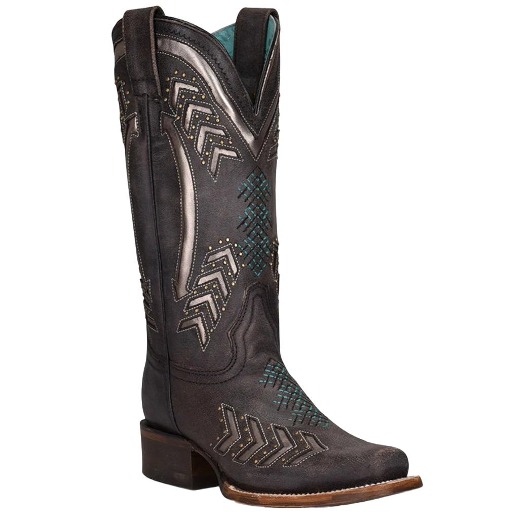 Corral Boots Corral Ladies Embroidery & Studs Grey Laser Square Toe Boots Z5010