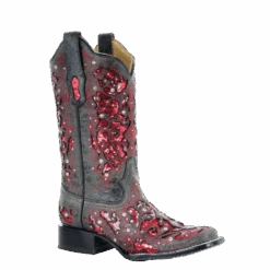 Corral Boots Corral Ladies Grey Red Glitter Inlay & Crystals Square Toe Boots A3647