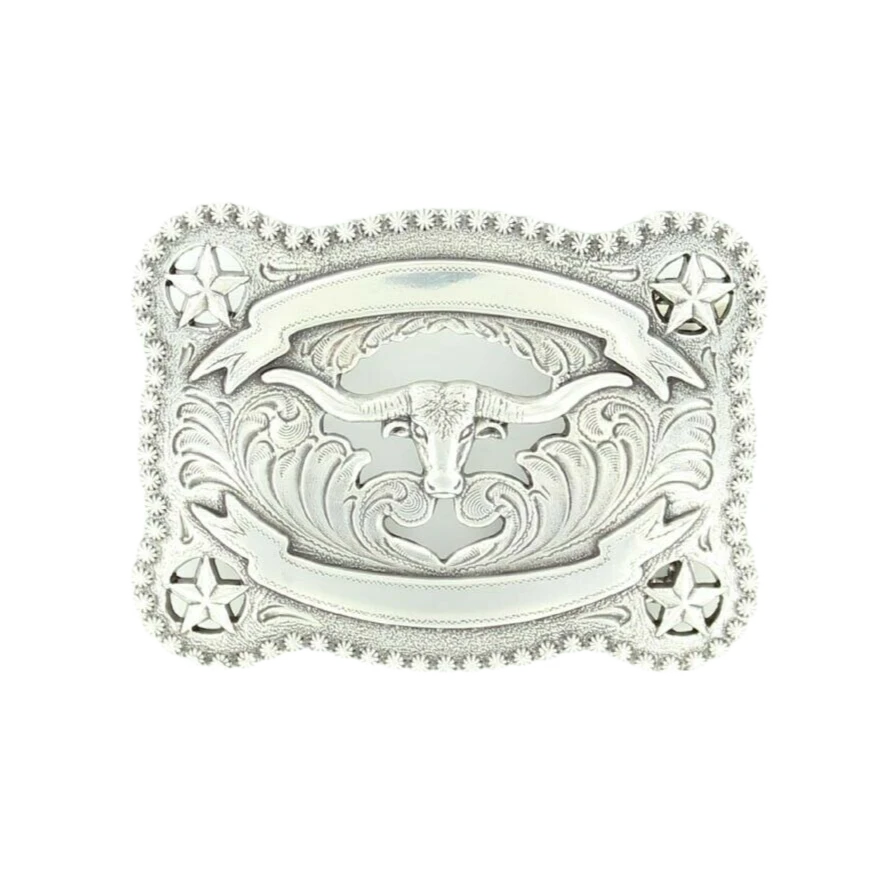 Nocona Silver Rectangular Longhorn Belt Buckle 37580