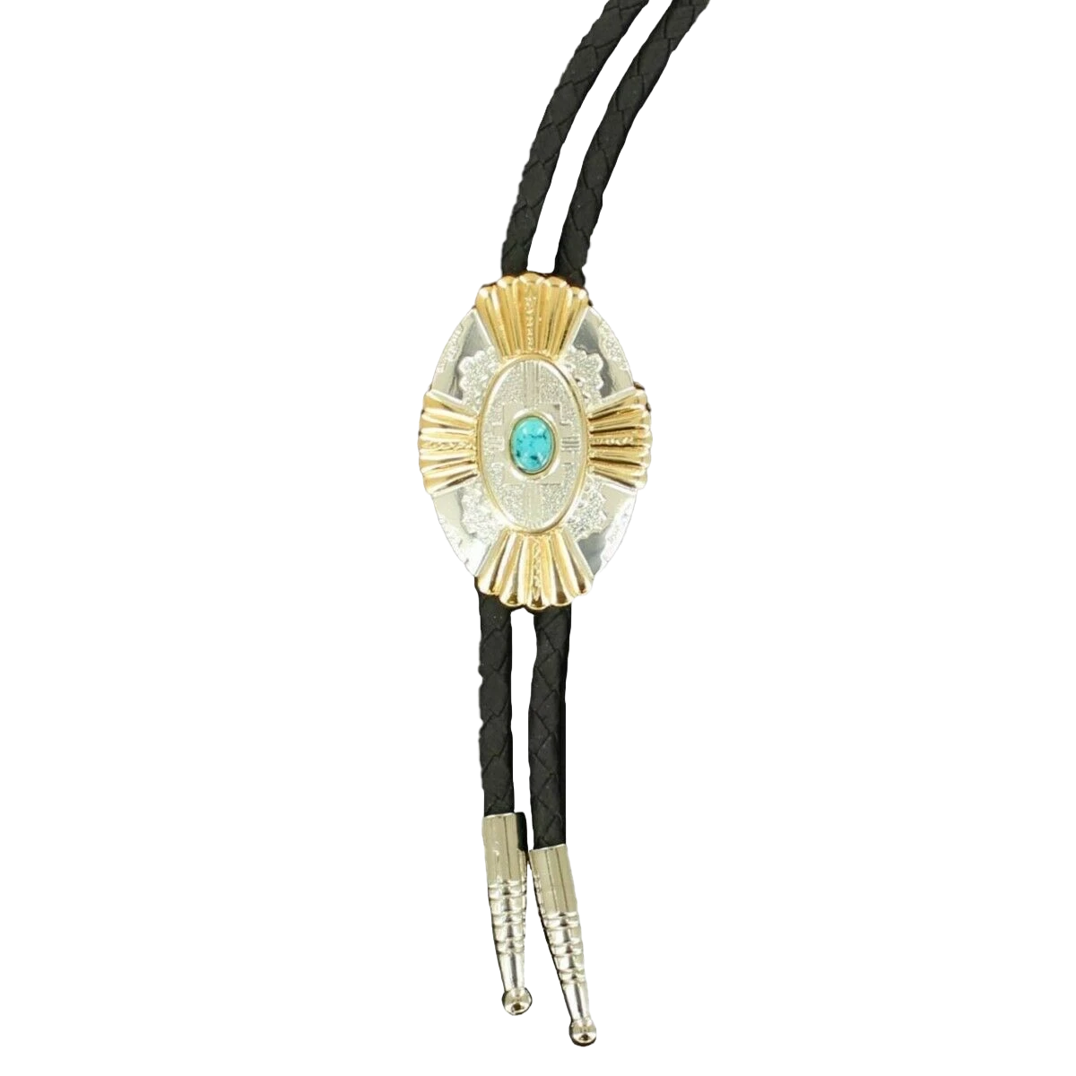 Double S Silver & Gold Cross W/ Turquoise Stone Concho Bolo Tie 22113