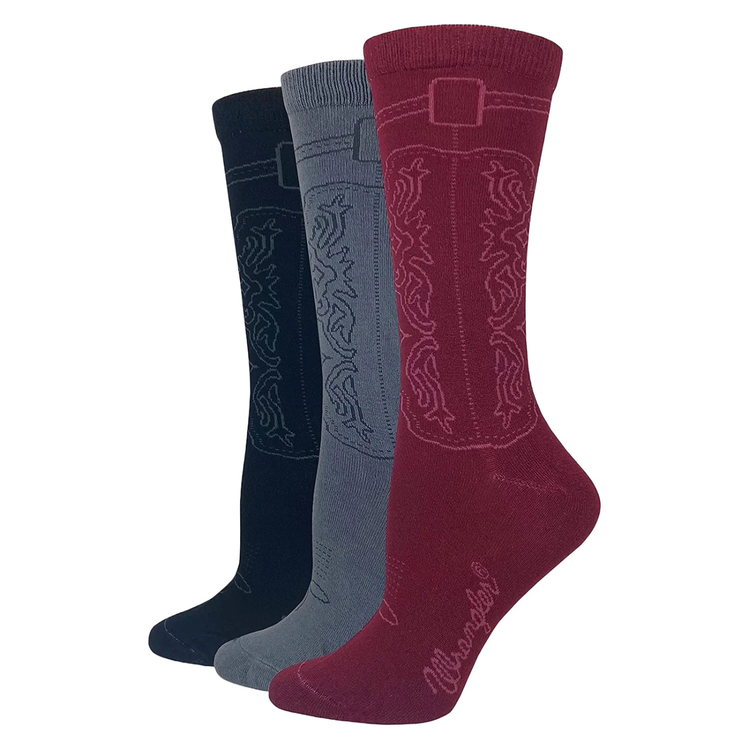 Wrangler® Ladies 3-Pair Black, Grey, & Burgundy Cowgirl Boot Socks 00230-7001-MED