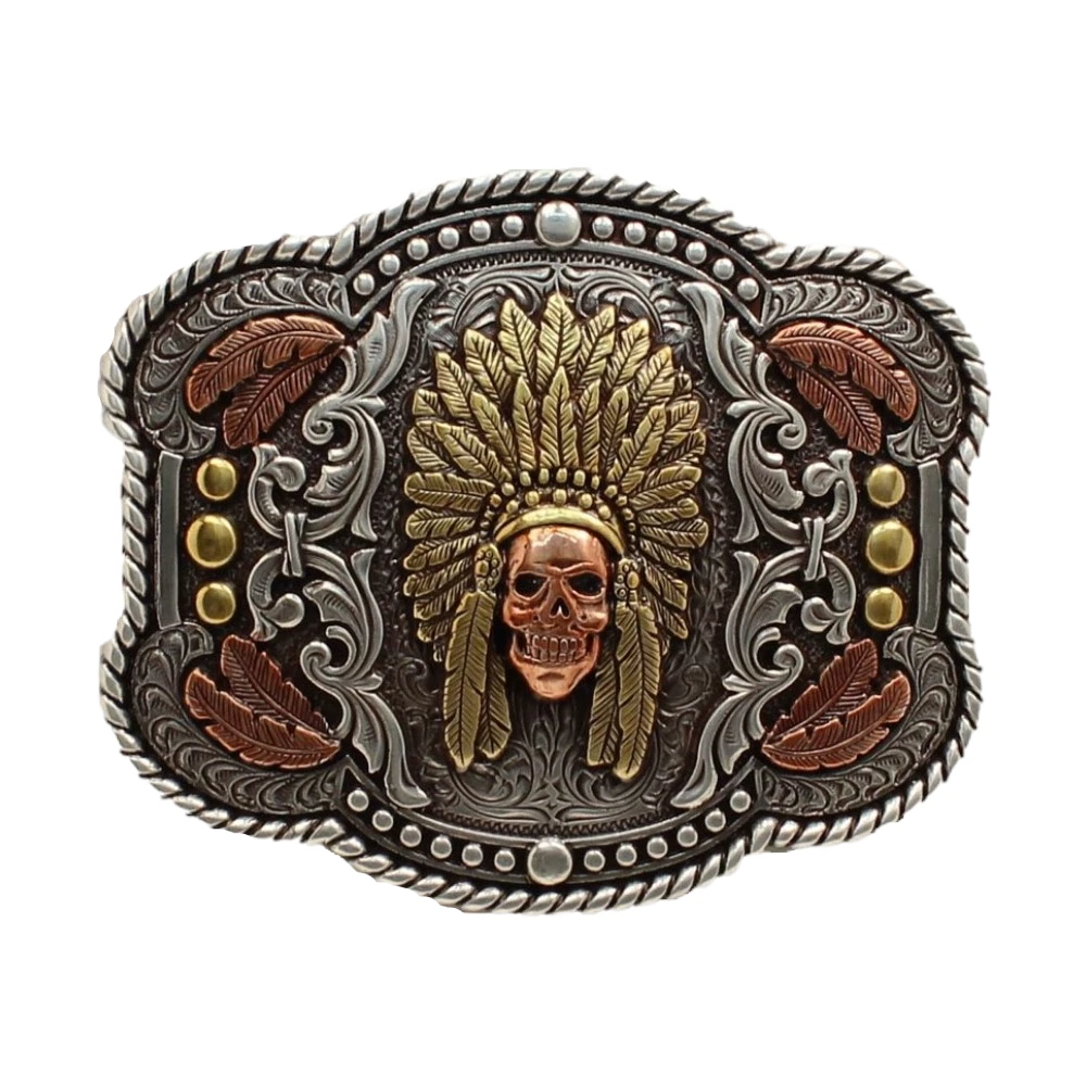 Nocona Men's Tri-Color Rope Edge Feather Chief Skull Buckle 37600