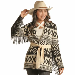 Powder River Ladies Cream Aztec Lapel Fringe Cardigan PRWO95RZXB-01