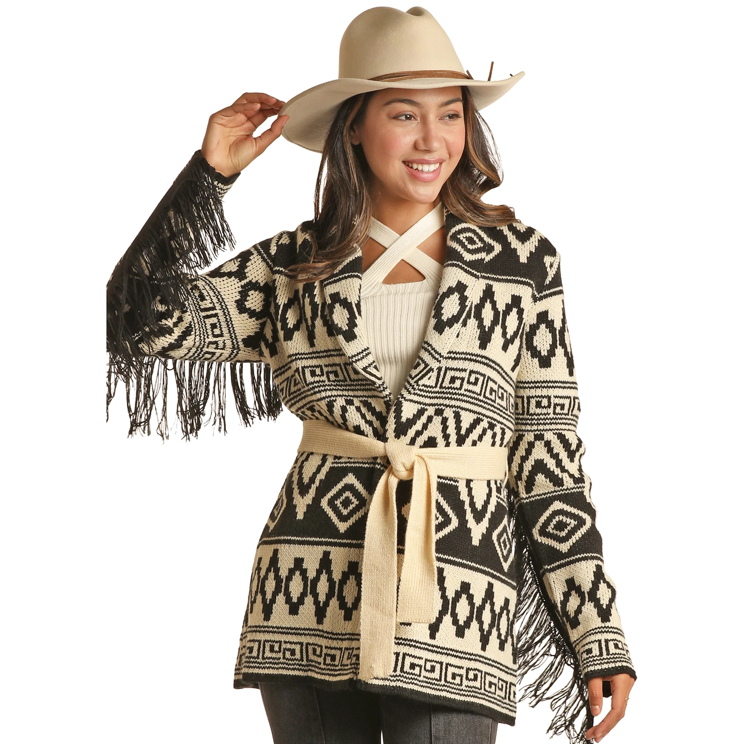 Powder River Ladies Cream Aztec Lapel Fringe Cardigan PRWO95RZXB-01