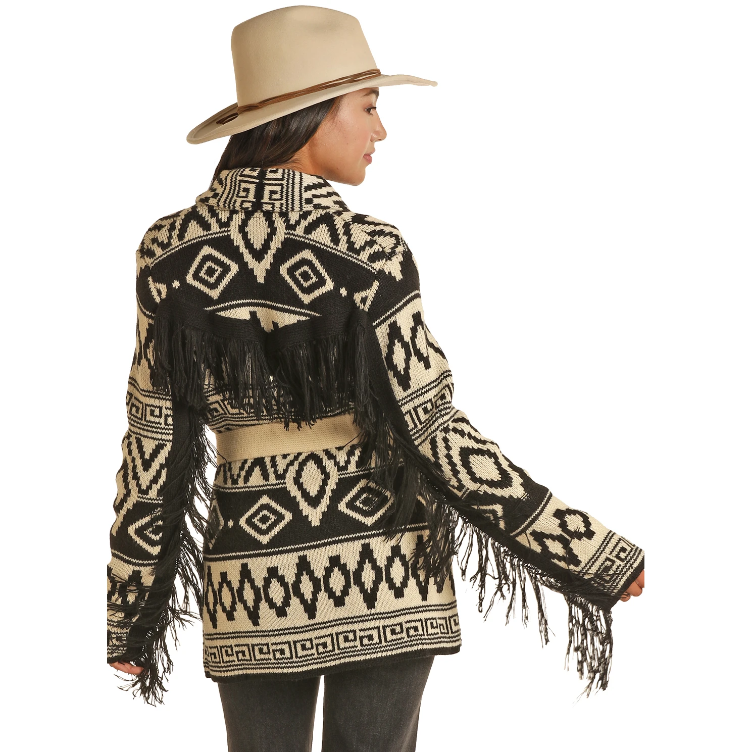 Powder River Ladies Cream Aztec Lapel Fringe Cardigan PRWO95RZXB-01 - Image 2