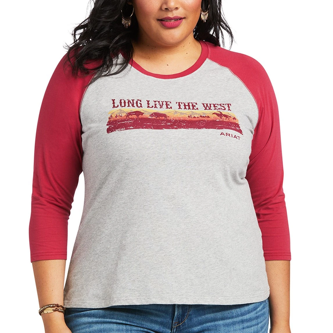 Ariat Ladies REAL Long Live Heather Grey & Red Bud Baseball T-Shirt 10039776 - Image 2