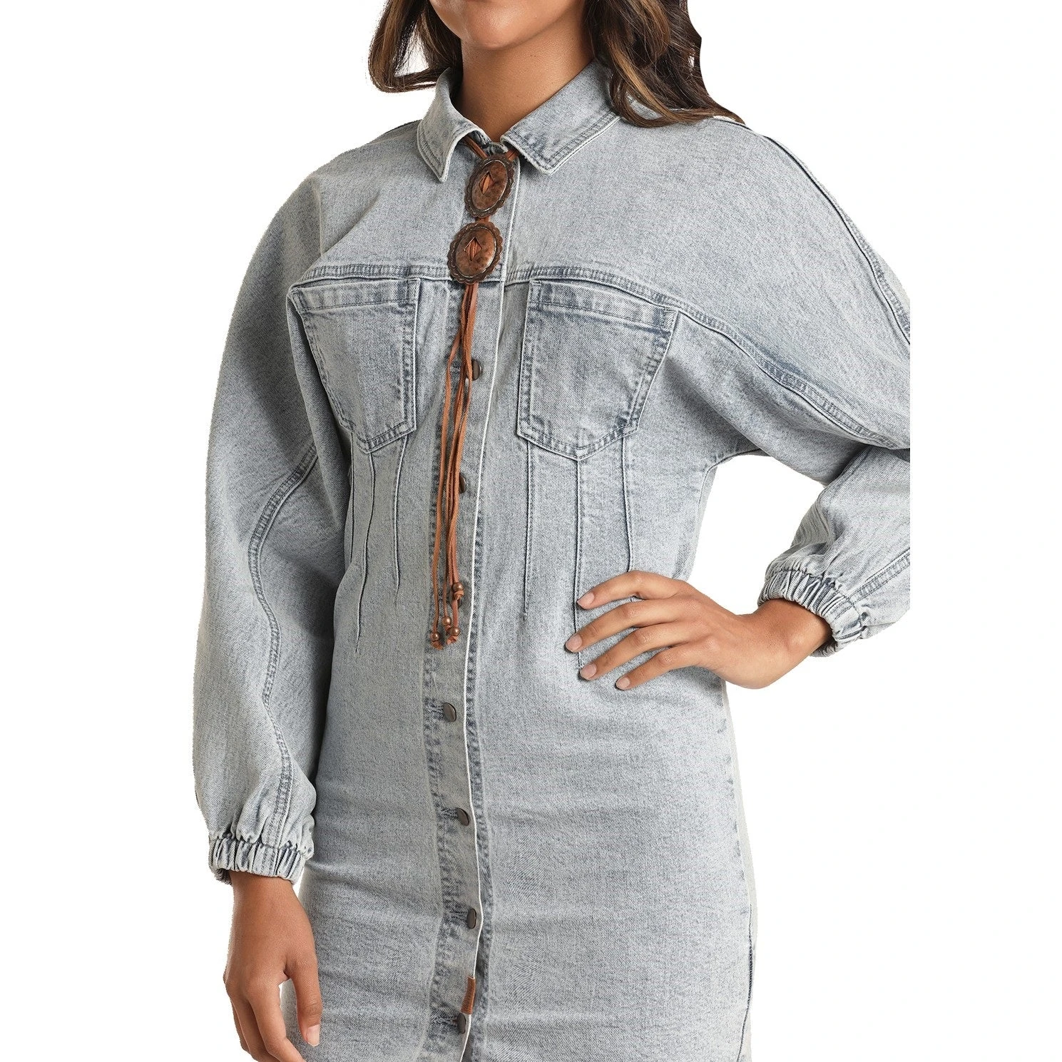 Rock & Roll Cowgirl Ladies Light Wash Long Sleeve Dress WD-3709 - Image 2